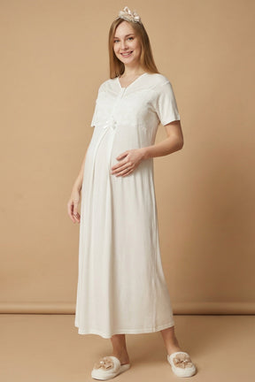 Guipure Maternity-Nursing Nightgown & Patterned Robe Set Ecru/Mink - 2321