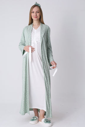 Guipure Maternity-Nursing Nightgown & Patterned Robe Set Ecru/Green - 2321