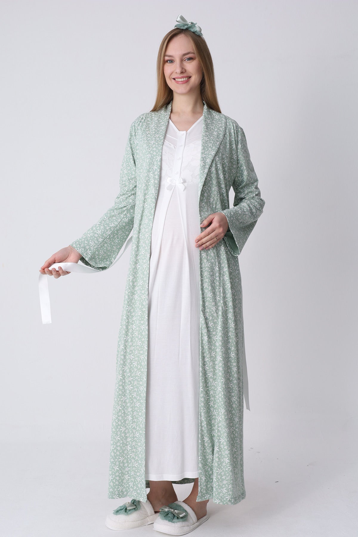 Guipure Maternity-Nursing Nightgown & Patterned Robe Set Ecru/Green - 2321