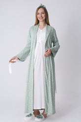 Guipure Maternity-Nursing Nightgown & Patterned Robe Set Ecru/Green - 2321