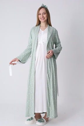 Guipure Maternity-Nursing Nightgown & Patterned Robe Set Ecru/Green - 2321