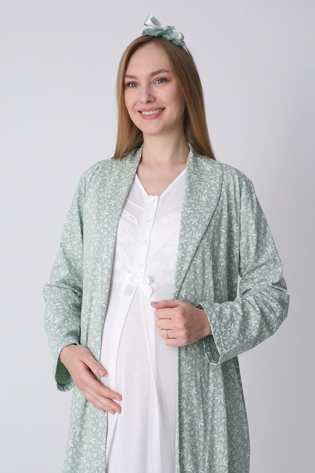 Guipure Maternity-Nursing Nightgown & Patterned Robe Set Ecru/Green - 2321