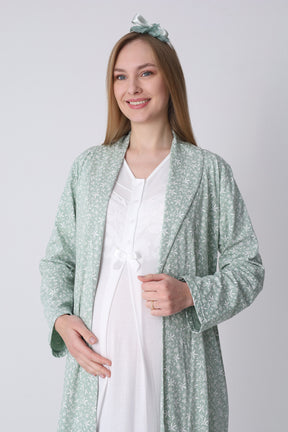 Guipure Maternity-Nursing Nightgown & Patterned Robe Set Ecru/Green - 2321