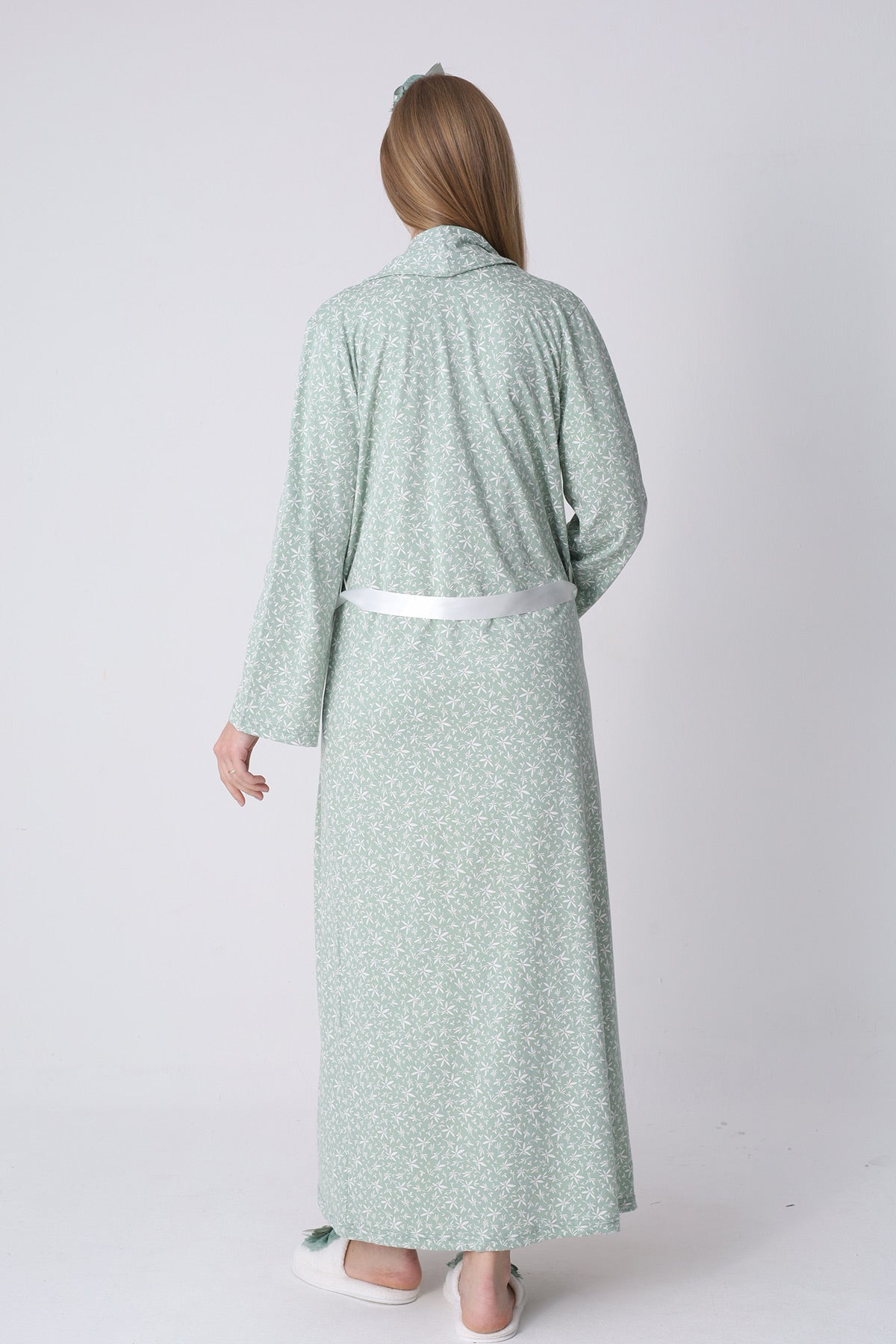 Guipure Maternity-Nursing Nightgown & Patterned Robe Set Ecru/Green - 2321