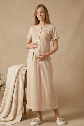 Guipure Collar Maternity-Nursing Nightgown & Patterned Robe Set Mink - 2322