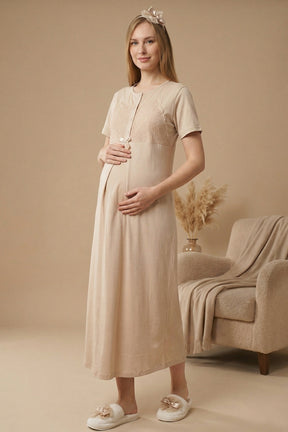 Guipure Collar Maternity-Nursing Nightgown & Patterned Robe Set Mink - 2322