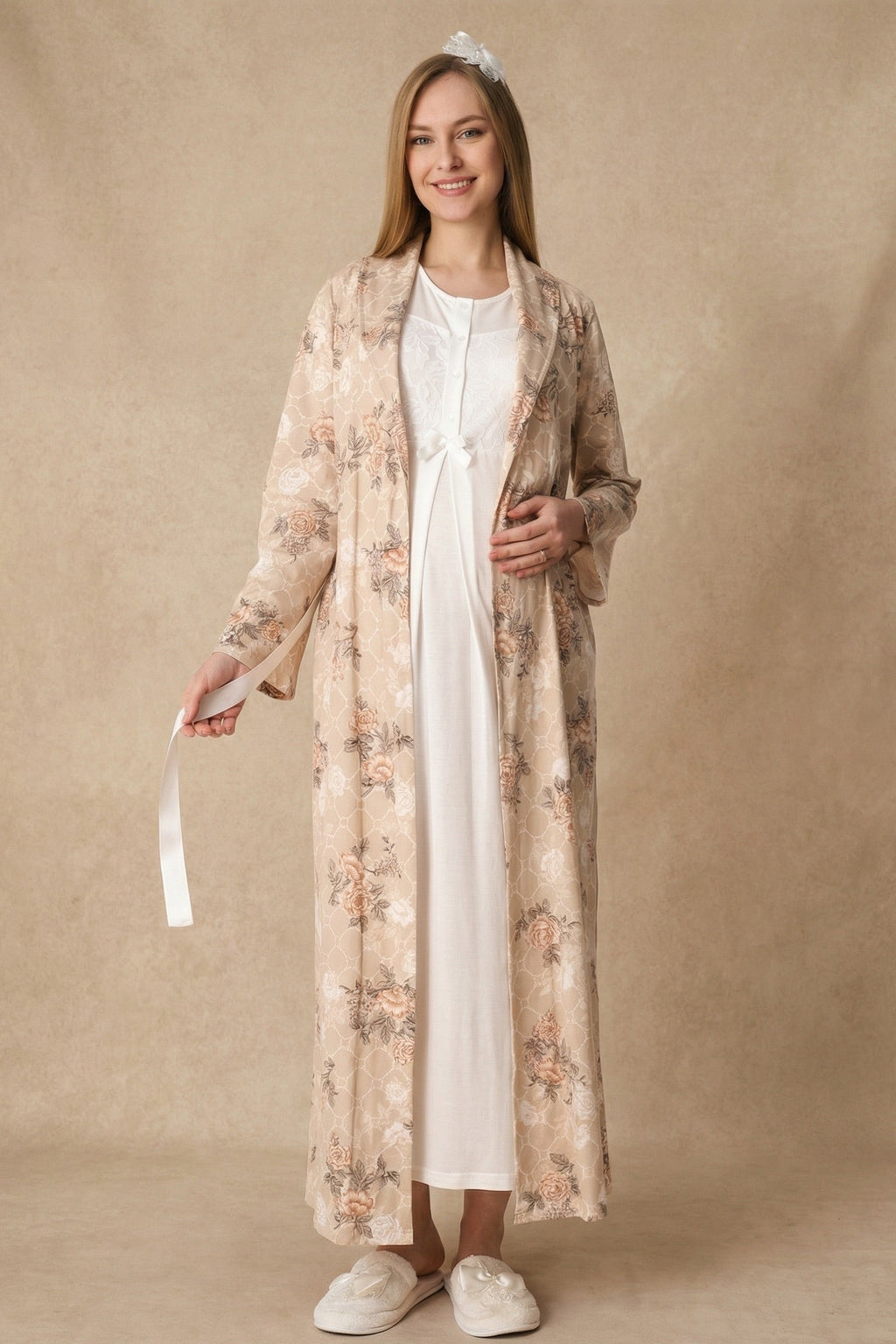 Guipure Collar Maternity-Nursing Nightgown & Patterned Robe Set Ecru - 2322