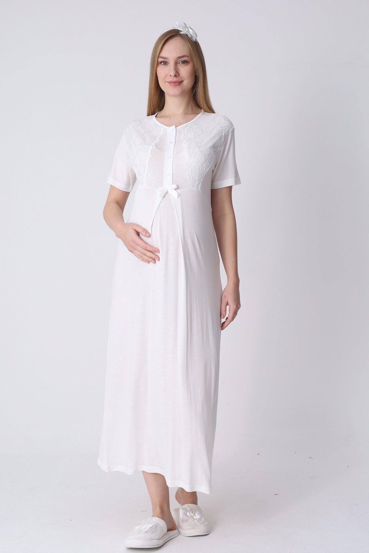 Lace Detailed Maternity-Nursing Nightgown & Polka Dot Robe Set Ecru/Grey - 2323