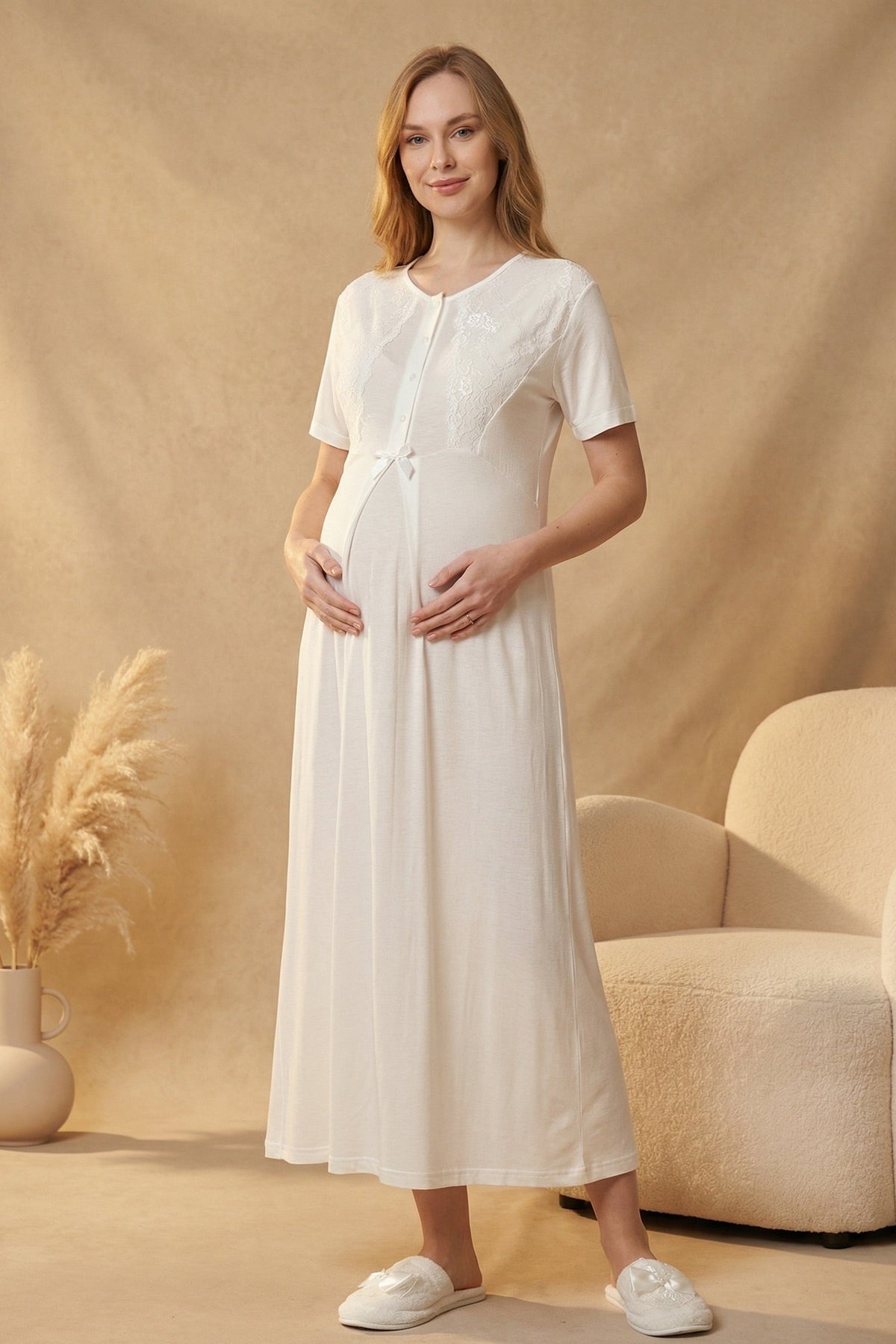 Lace Detailed Maternity-Nursing Nightgown & Polka Dot Robe Set Ecru/Navy Blue - 2323