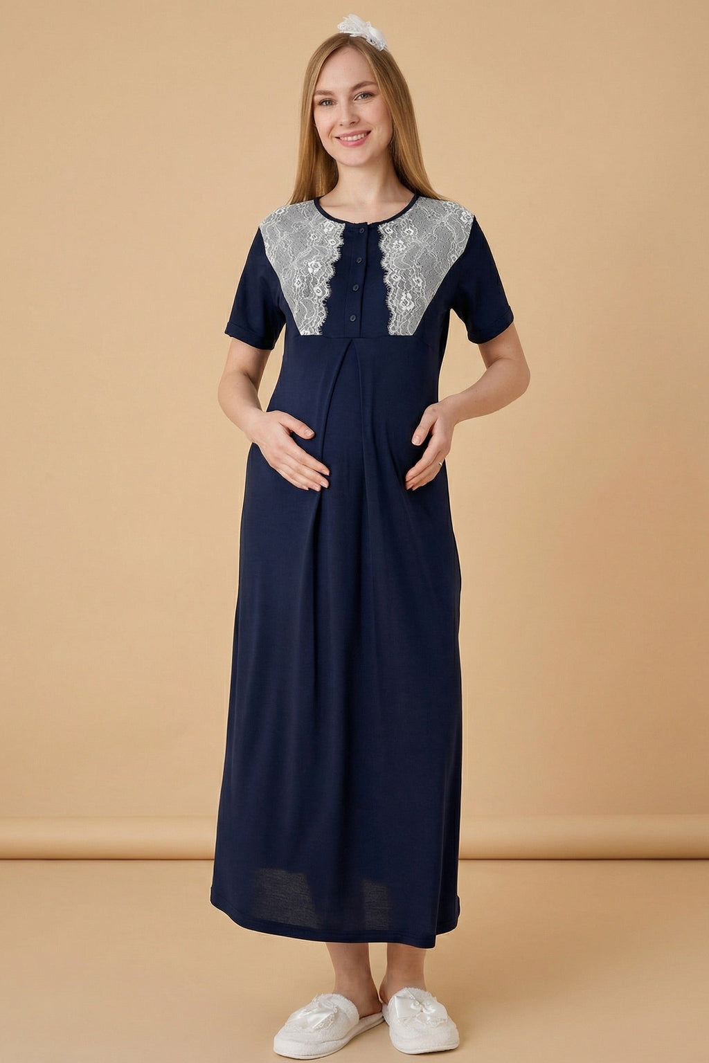 Lace Detailed Maternity-Nursing Nightgown & Polka Dot Robe Set Navy Blue - 2323