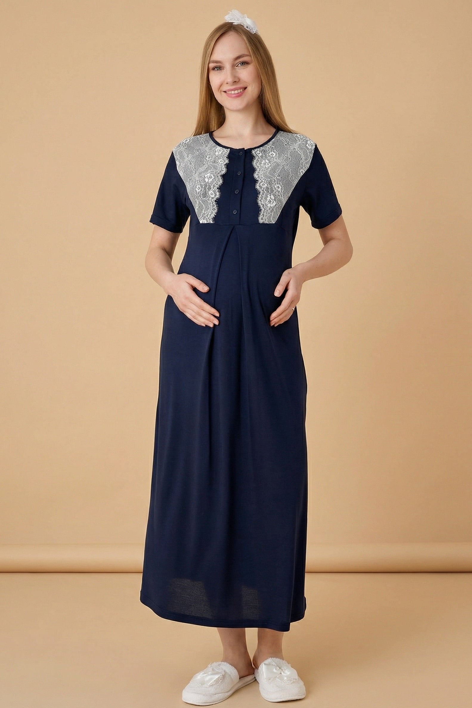 Lace Detailed Maternity-Nursing Nightgown & Polka Dot Robe Set Navy Blue - 2323