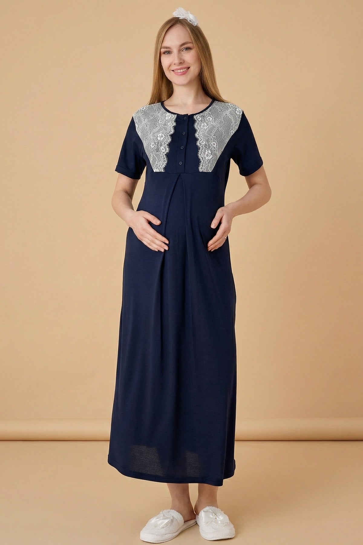 Lace Detailed Maternity-Nursing Nightgown & Polka Dot Robe Set Navy Blue - 2323