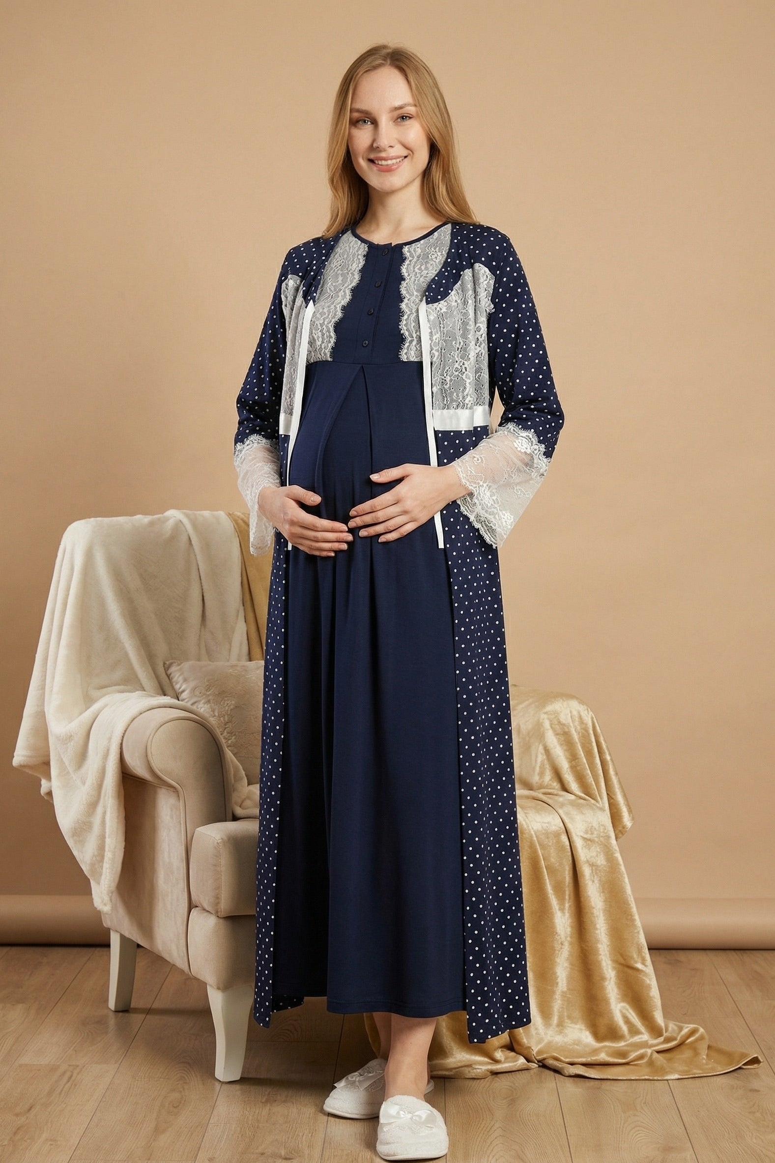 Lace Detailed Maternity-Nursing Nightgown & Polka Dot Robe Set Navy Blue - 2323