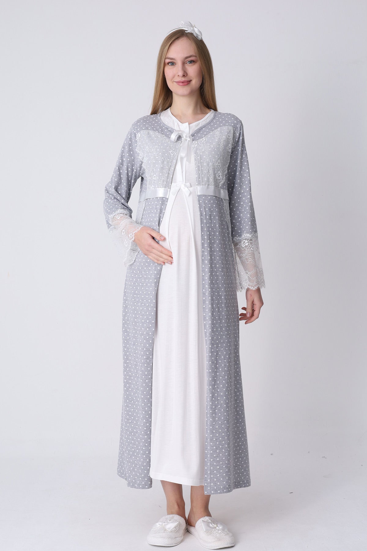 Lace Detailed Maternity-Nursing Nightgown & Polka Dot Robe Set Ecru/Grey - 2323