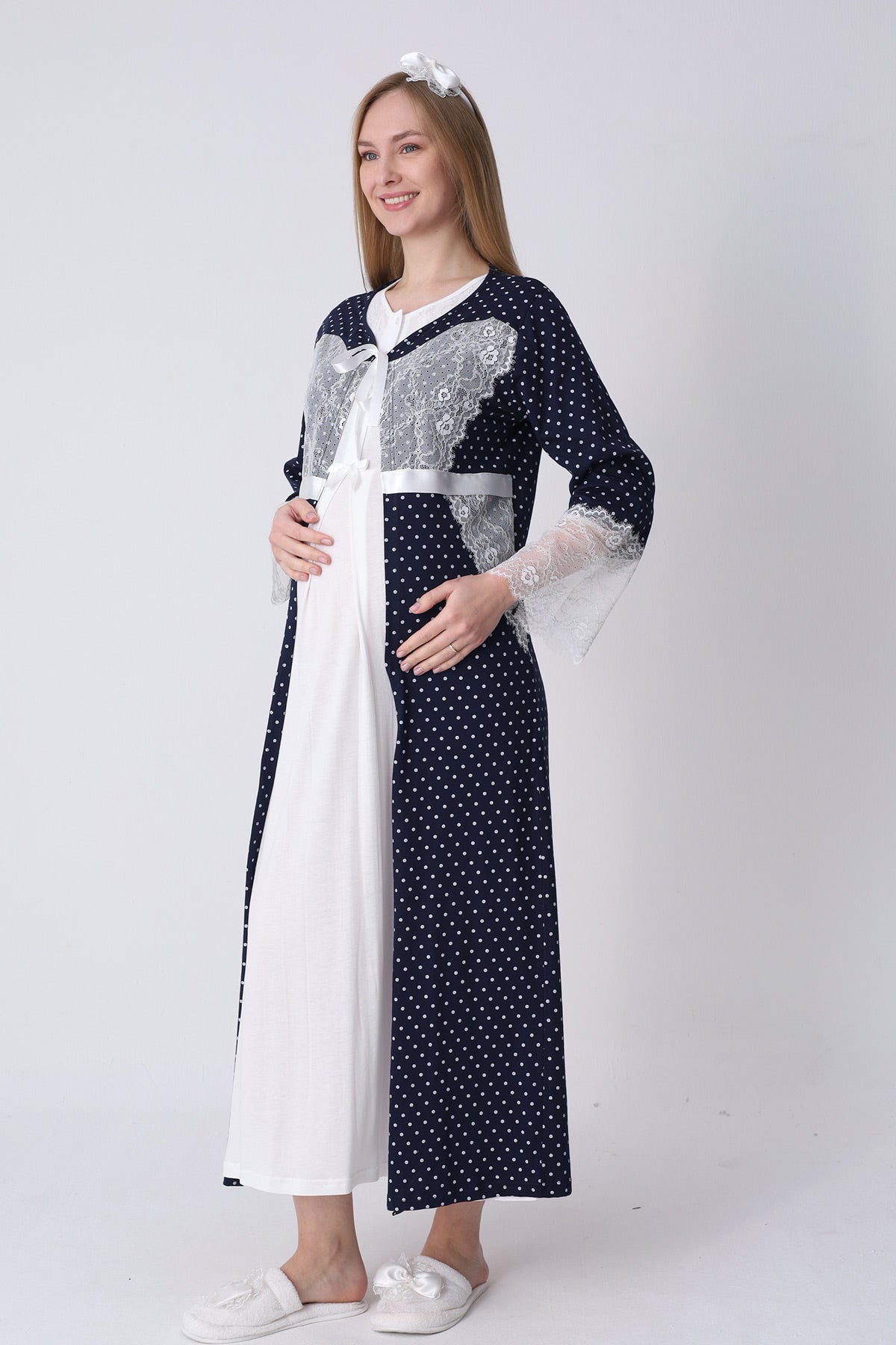 Lace Detailed Maternity-Nursing Nightgown & Polka Dot Robe Set Ecru/Navy Blue - 2323