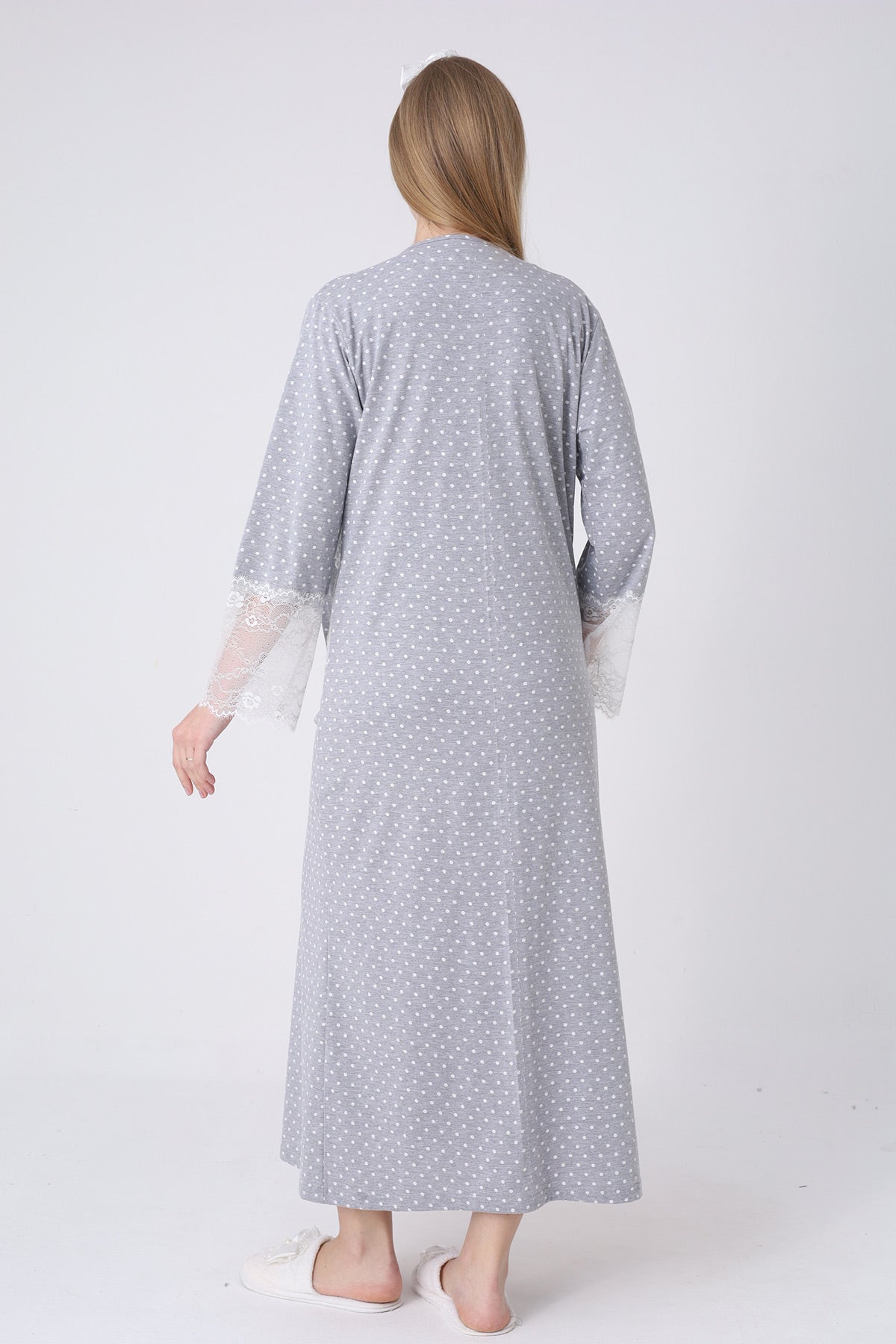 Lace Detailed Maternity-Nursing Nightgown & Polka Dot Robe Set Grey - 2323