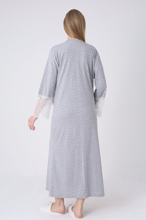 Lace Detailed Maternity-Nursing Nightgown & Polka Dot Robe Set Grey - 2323