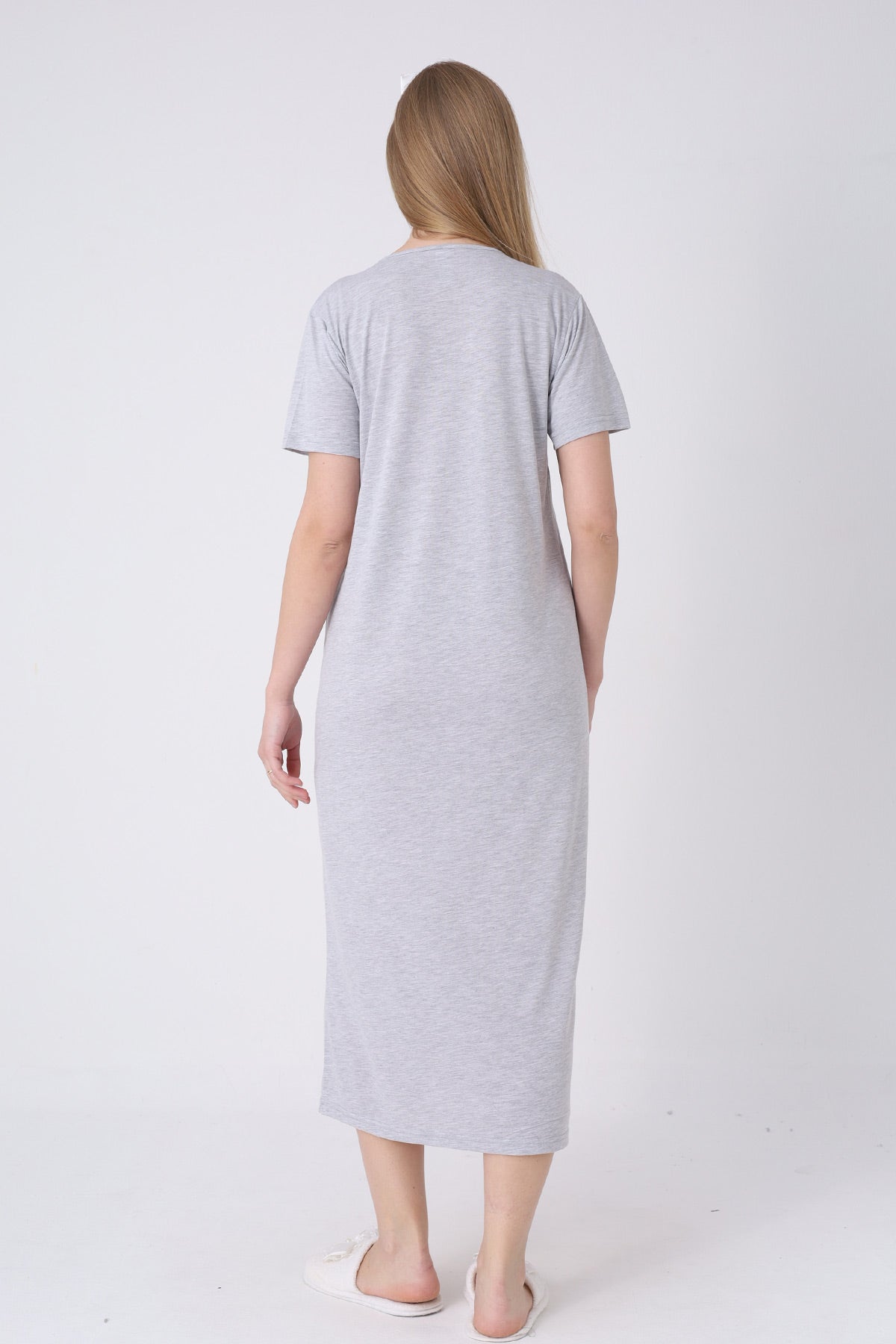 Lace Detailed Maternity-Nursing Nightgown & Polka Dot Robe Set Grey - 2323