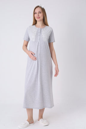 Lace Detailed Maternity-Nursing Nightgown & Polka Dot Robe Set Grey - 2323