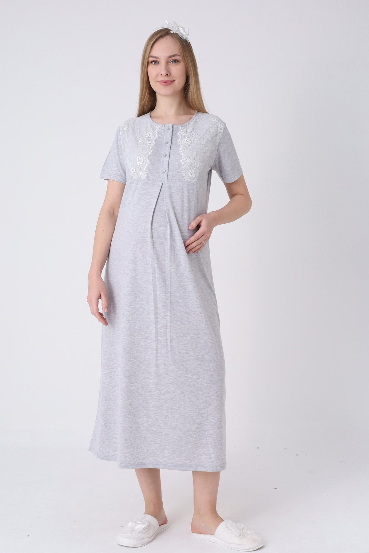 Lace Detailed Maternity-Nursing Nightgown & Polka Dot Robe Set Grey - 2323