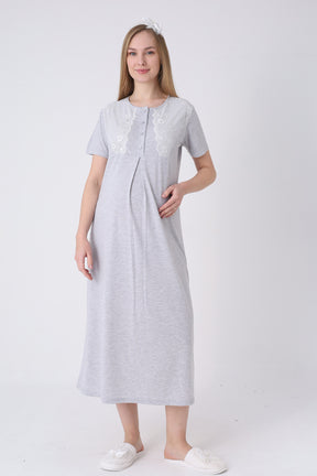 Lace Detailed Maternity-Nursing Nightgown & Polka Dot Robe Set Grey - 2323