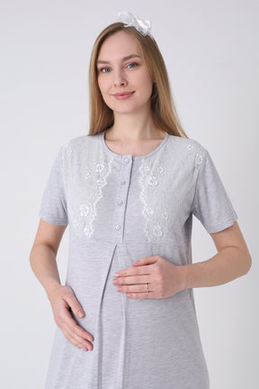 Lace Detailed Maternity-Nursing Nightgown & Polka Dot Robe Set Grey - 2323