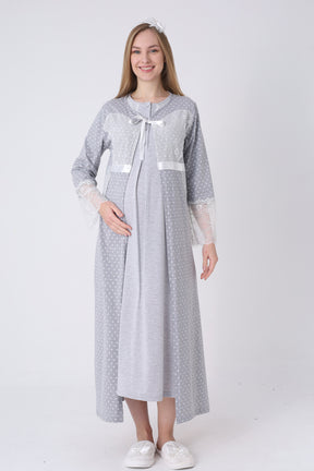 Lace Detailed Maternity-Nursing Nightgown & Polka Dot Robe Set Grey - 2323