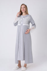 Lace Detailed Maternity-Nursing Nightgown & Polka Dot Robe Set Grey - 2323