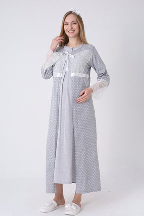 Lace Detailed Maternity-Nursing Nightgown & Polka Dot Robe Set Grey - 2323
