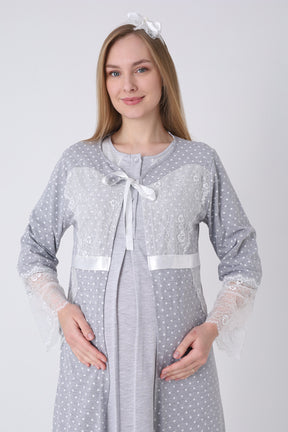 Lace Detailed Maternity-Nursing Nightgown & Polka Dot Robe Set Grey - 2323