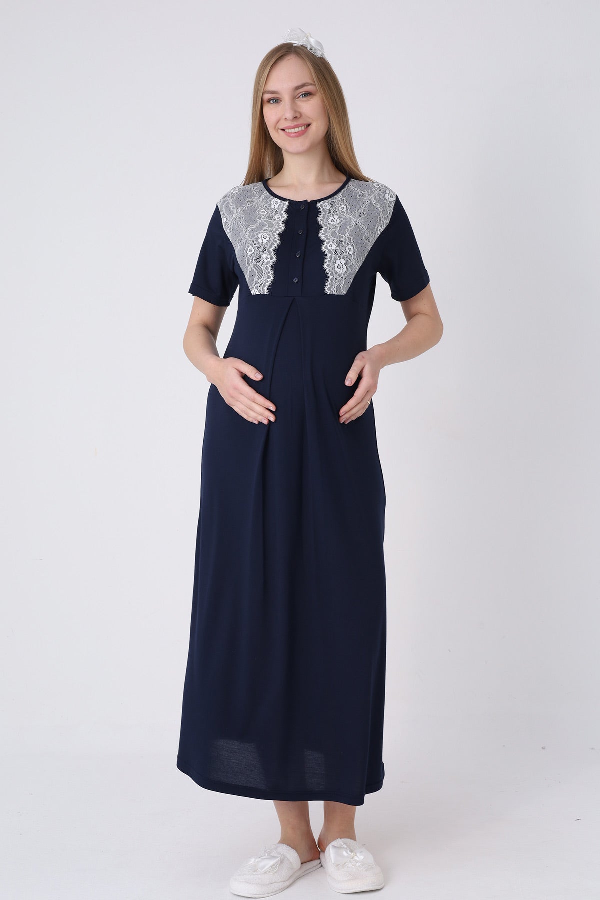 Lace Detailed Maternity-Nursing Nightgown & Polka Dot Robe Set Navy Blue - 2323