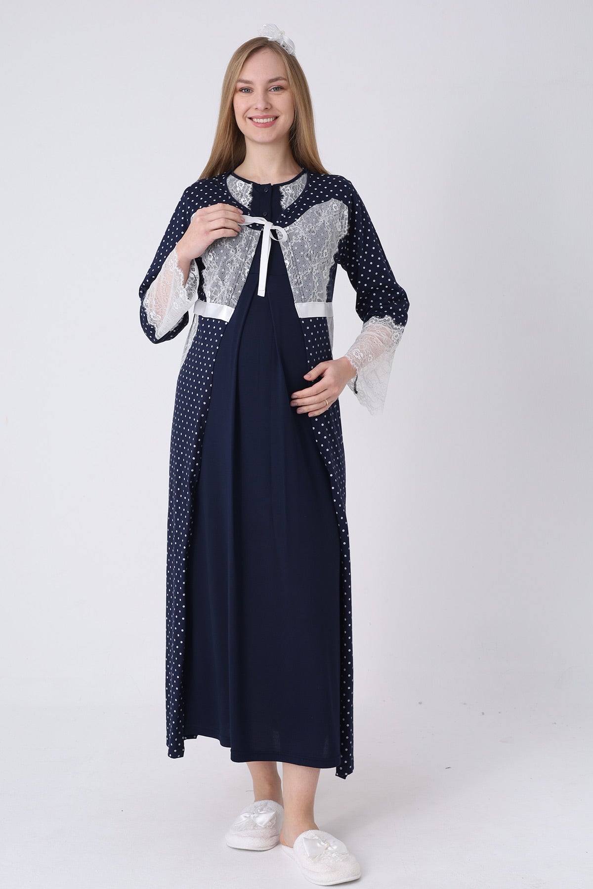 Lace Detailed Maternity-Nursing Nightgown & Polka Dot Robe Set Navy Blue - 2323