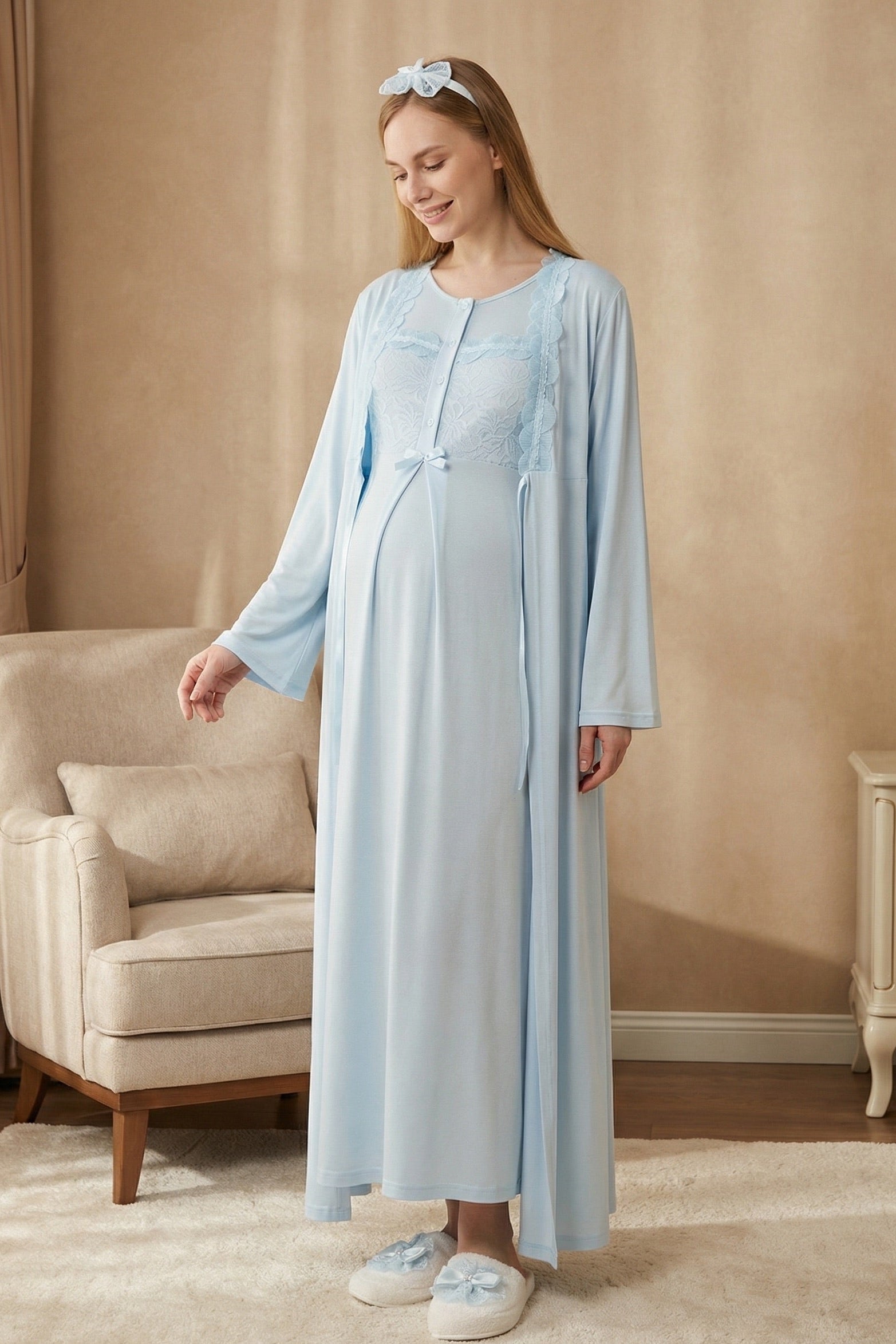 Floral Lace Collar Maternity-Nursing Nightgown & Robe Set Blue - 2324