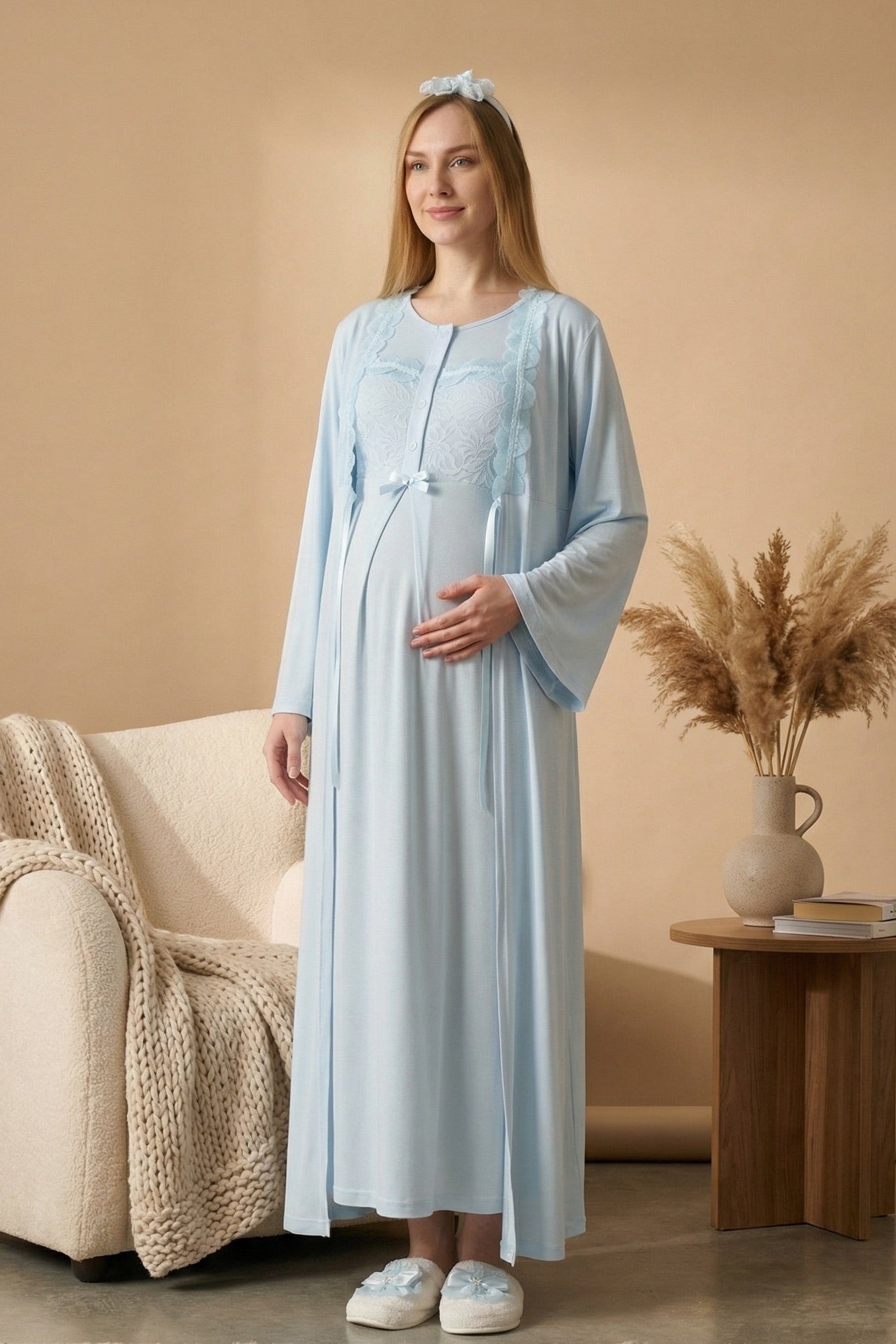 Floral Lace Collar Maternity-Nursing Nightgown & Robe Set Blue - 2324