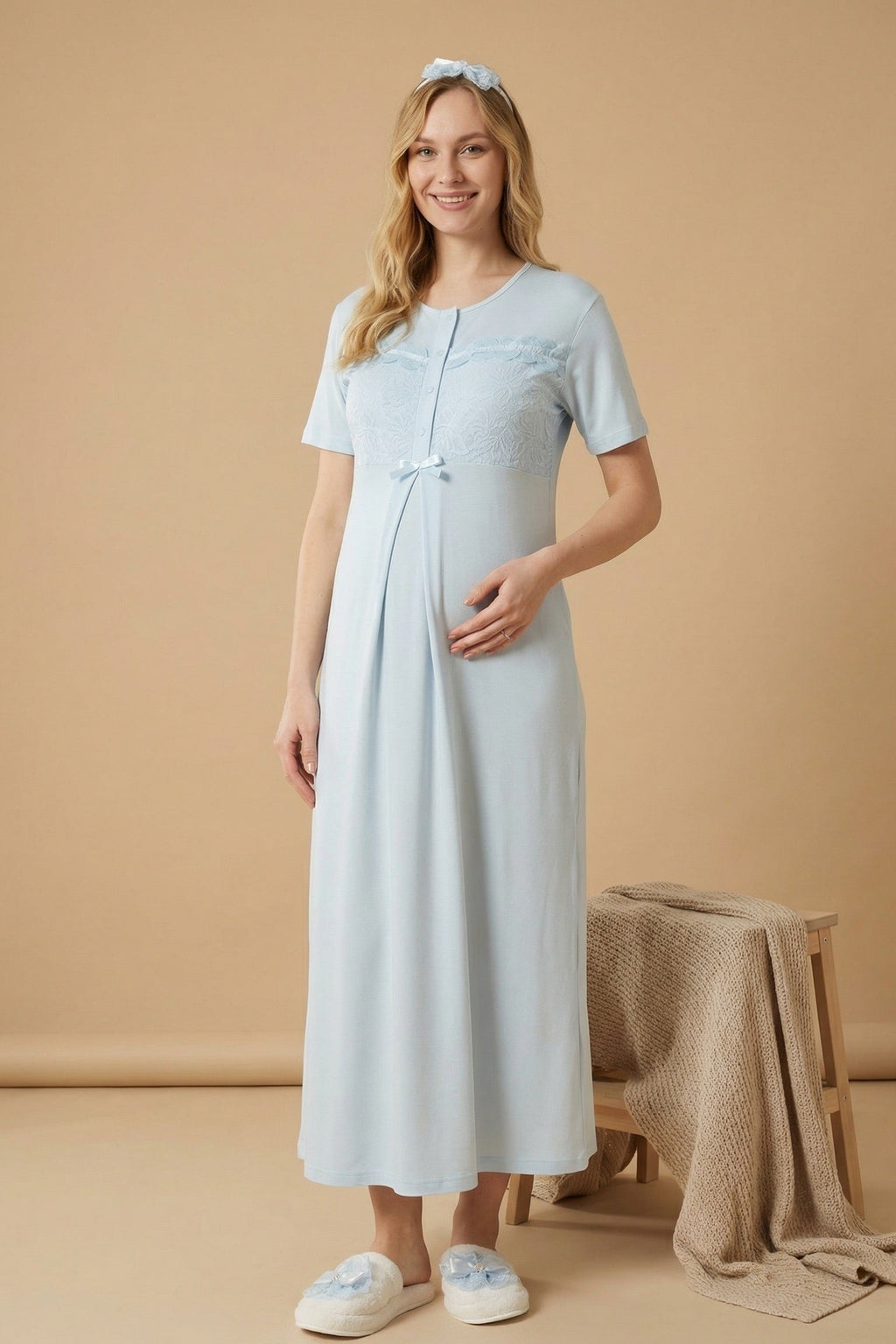 Floral Lace Collar Maternity-Nursing Nightgown & Robe Set Blue - 2324