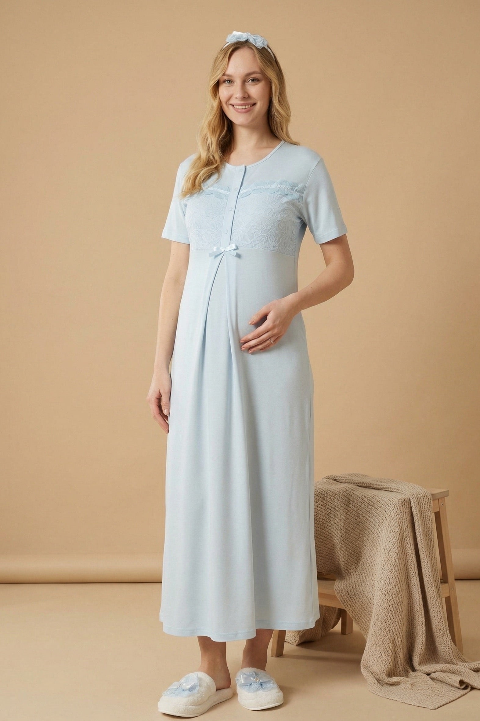 Floral Lace Collar Maternity-Nursing Nightgown & Robe Set Blue - 2324