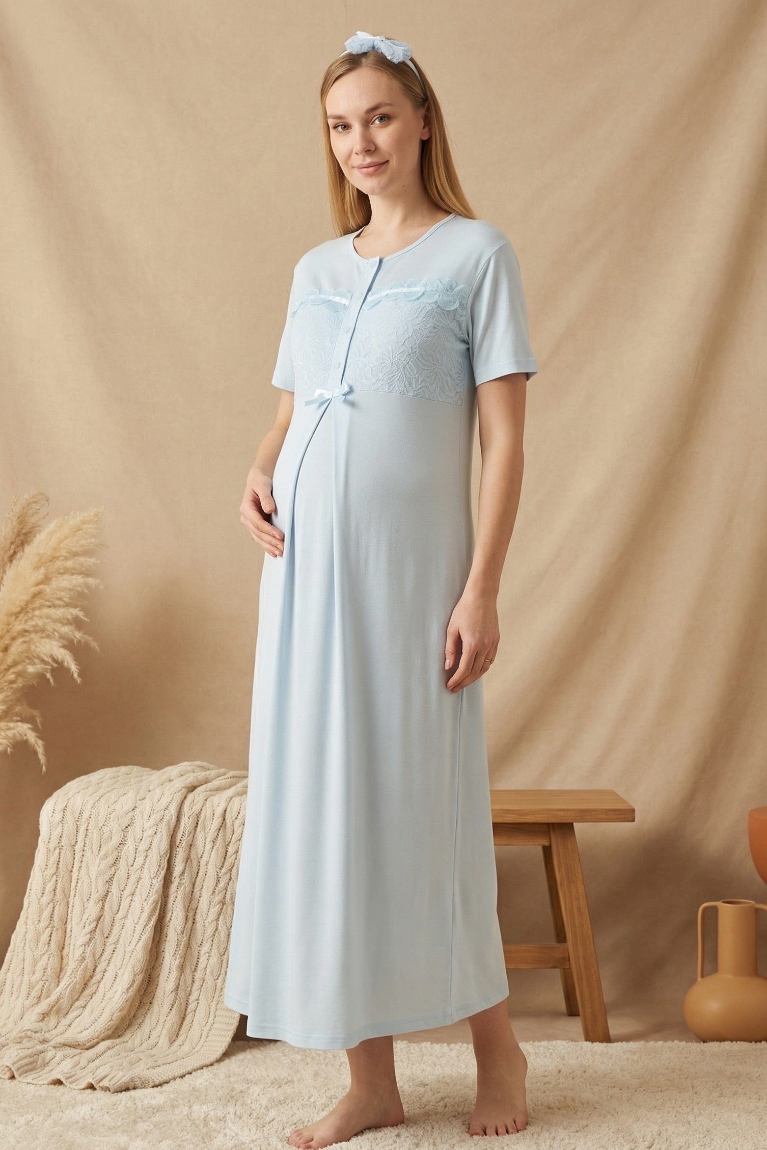 Floral Lace Collar Maternity-Nursing Nightgown & Robe Set Blue - 2324