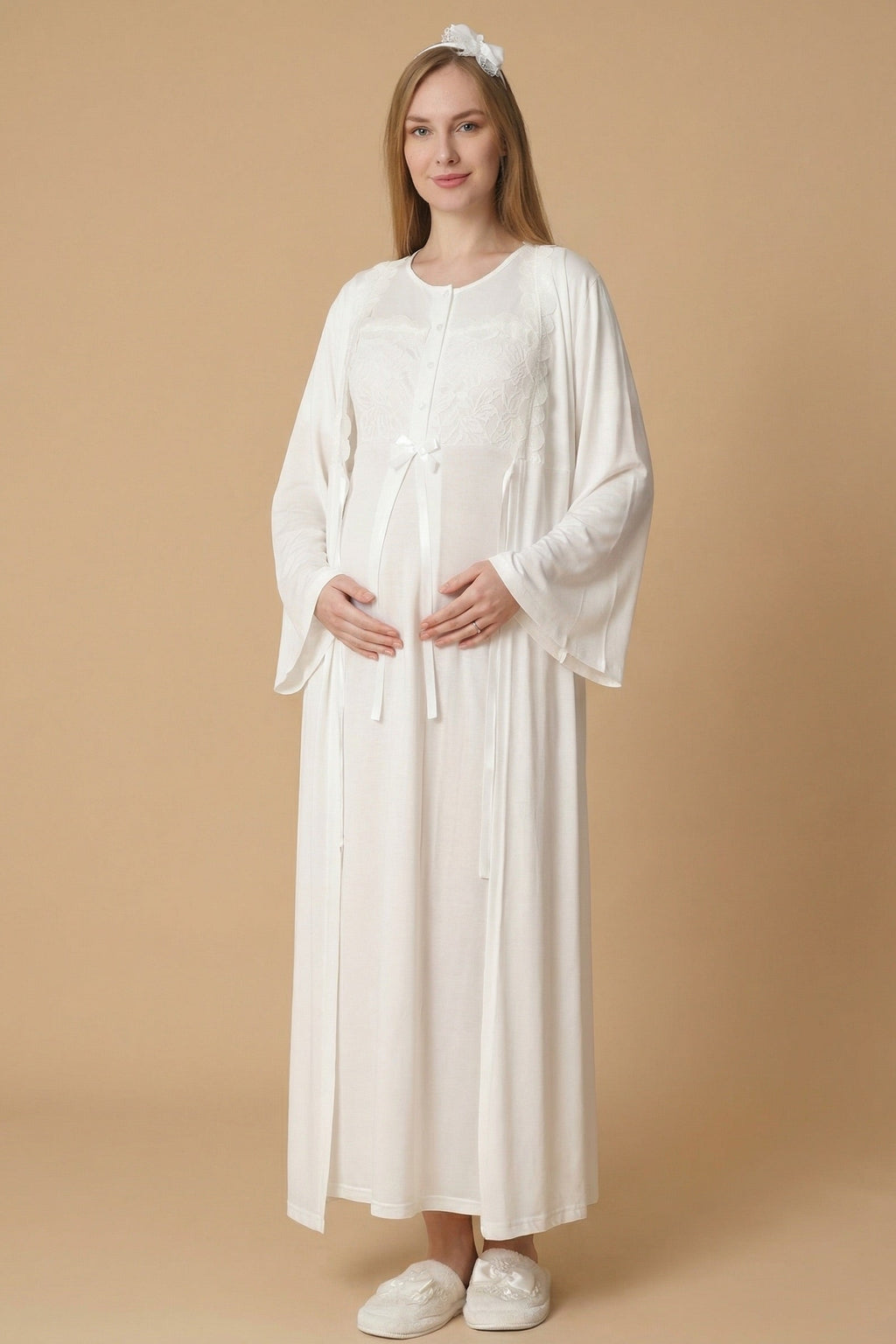 Floral Lace Collar Maternity-Nursing Nightgown & Robe Set Ecru - 2324