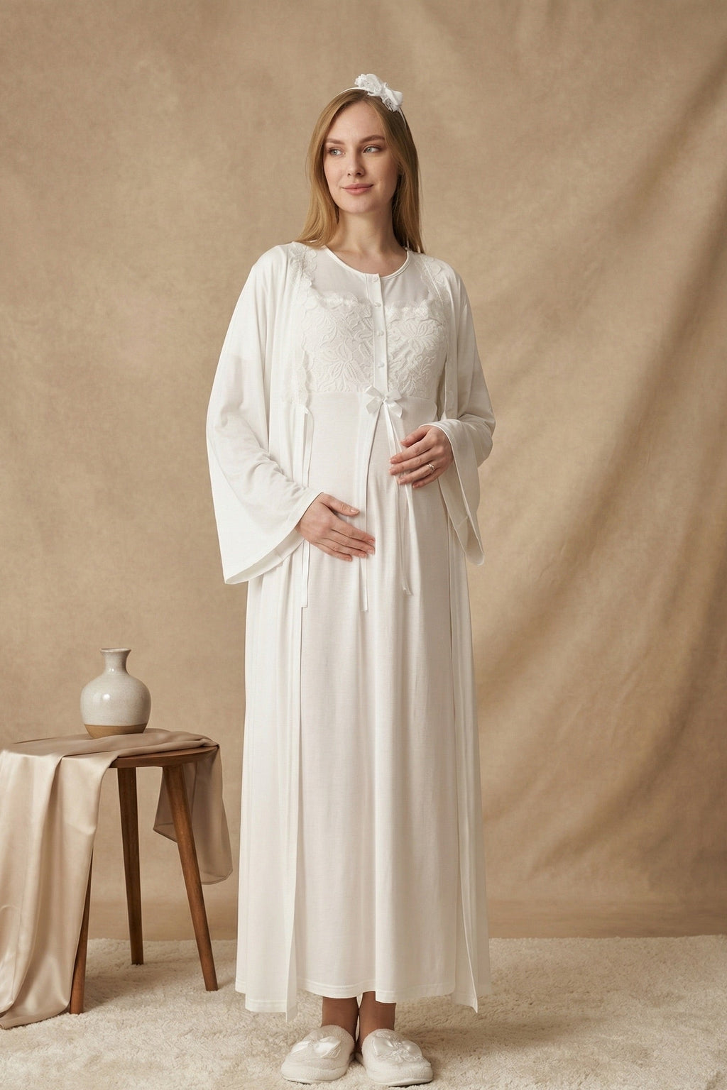 Floral Lace Collar Maternity-Nursing Nightgown & Robe Set Ecru - 2324