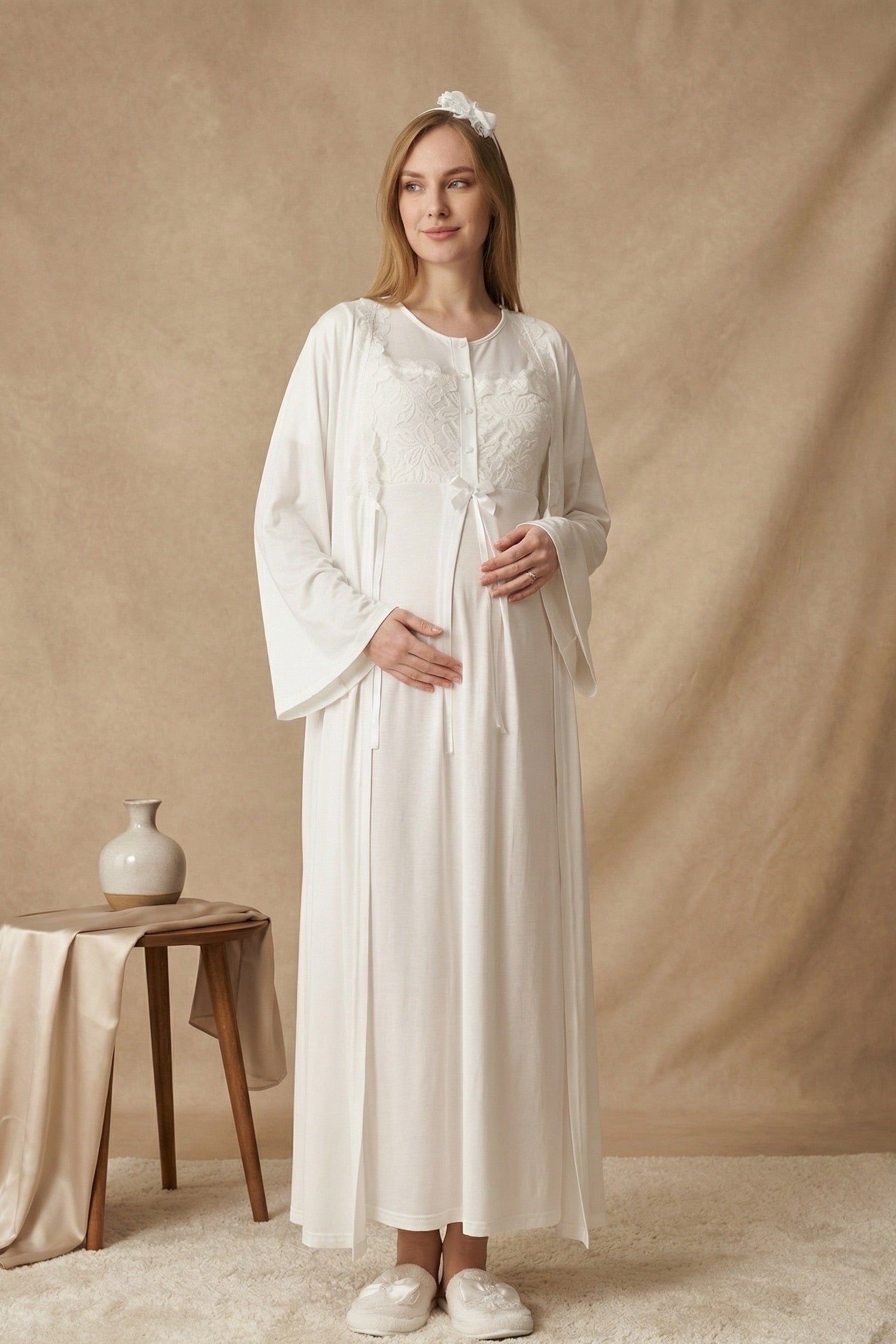 Floral Lace Collar Maternity-Nursing Nightgown & Robe Set Ecru - 2324