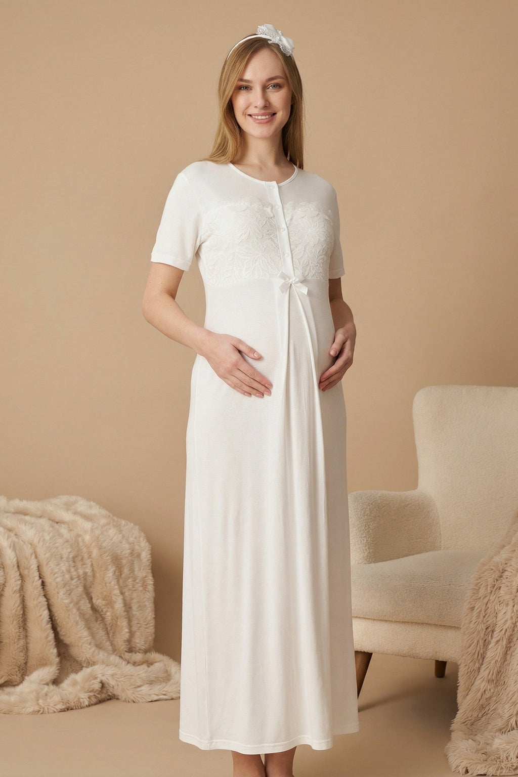 Floral Lace Collar Maternity-Nursing Nightgown & Robe Set Ecru - 2324