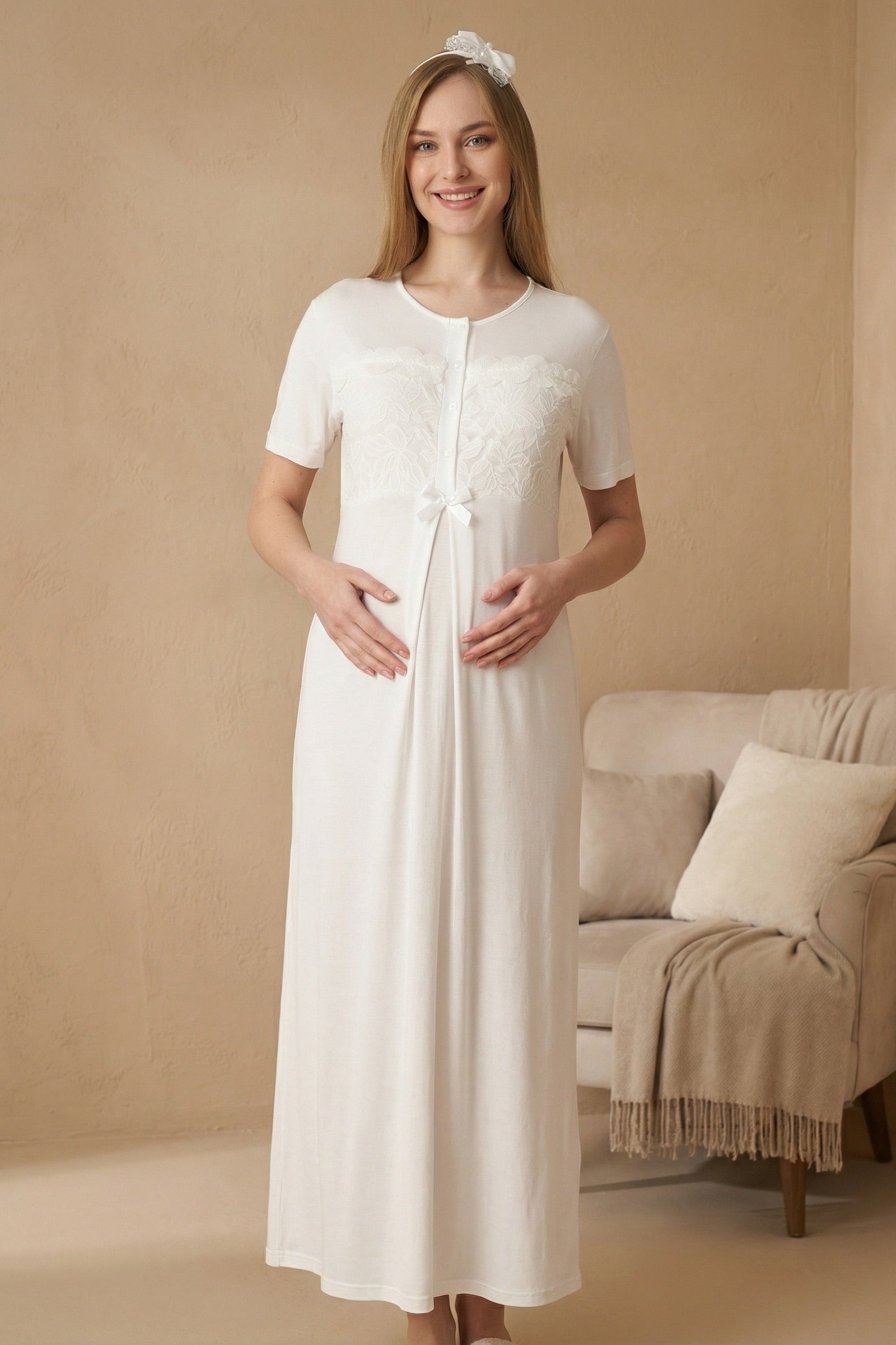 Floral Lace Collar Maternity-Nursing Nightgown & Robe Set Ecru - 2324