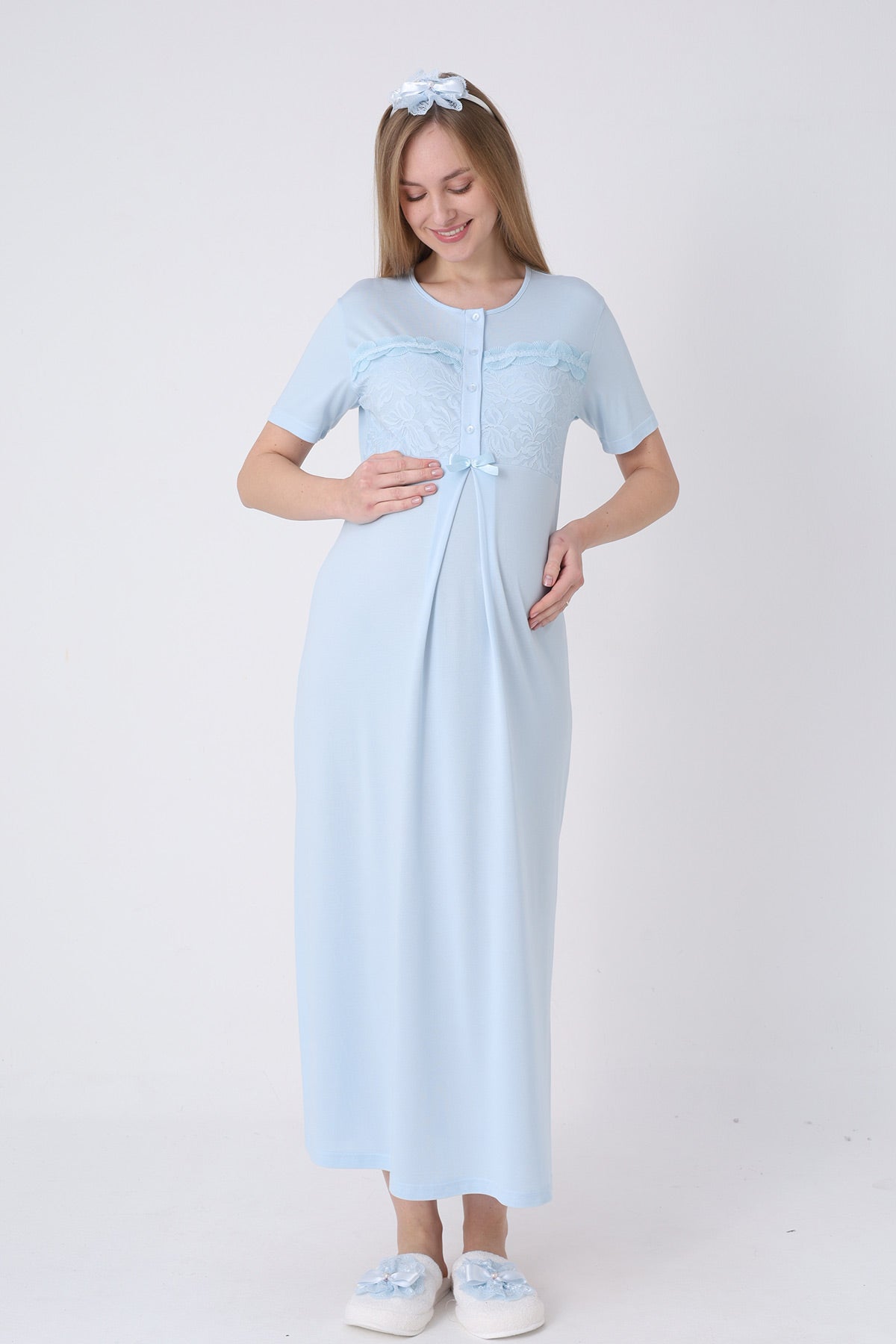 Floral Lace Collar Maternity-Nursing Nightgown & Robe Set Blue - 2324