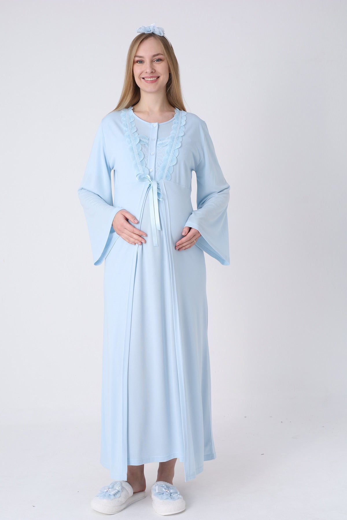 طقم ثوب نوم ورداء للأمهات والرضاعة بياقة من الدانتيل باللون الأزرق - 2324