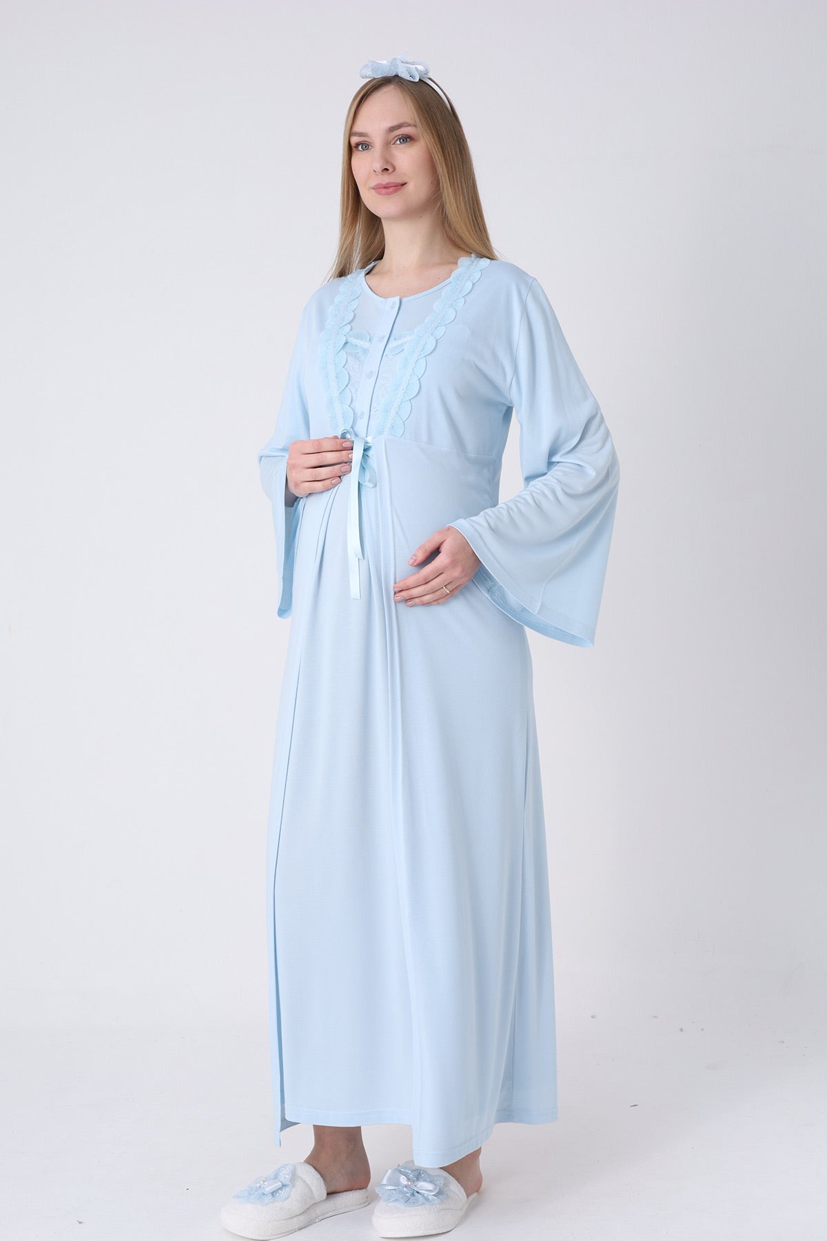 Floral Lace Collar Maternity-Nursing Nightgown & Robe Set Blue - 2324