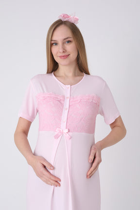 Floral Lace Collar Maternity-Nursing Nightgown & Robe Set Pink - 2324