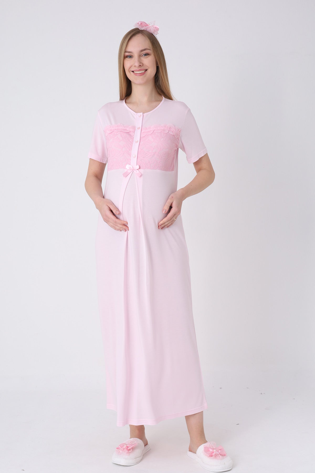 Floral Lace Collar Maternity-Nursing Nightgown & Robe Set Pink - 2324