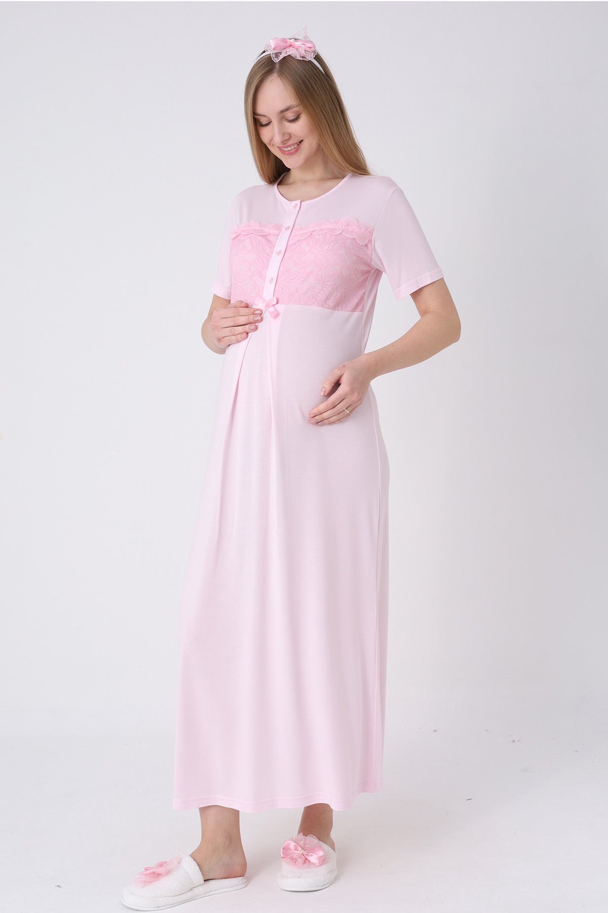 Floral Lace Collar Maternity-Nursing Nightgown & Robe Set Pink - 2324