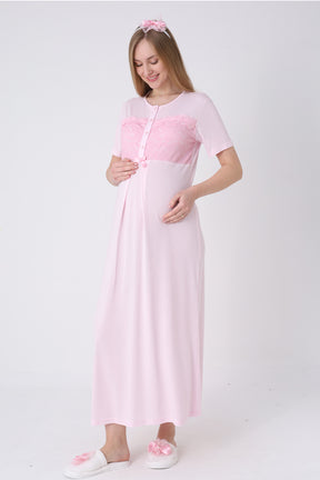 Floral Lace Collar Maternity-Nursing Nightgown & Robe Set Pink - 2324