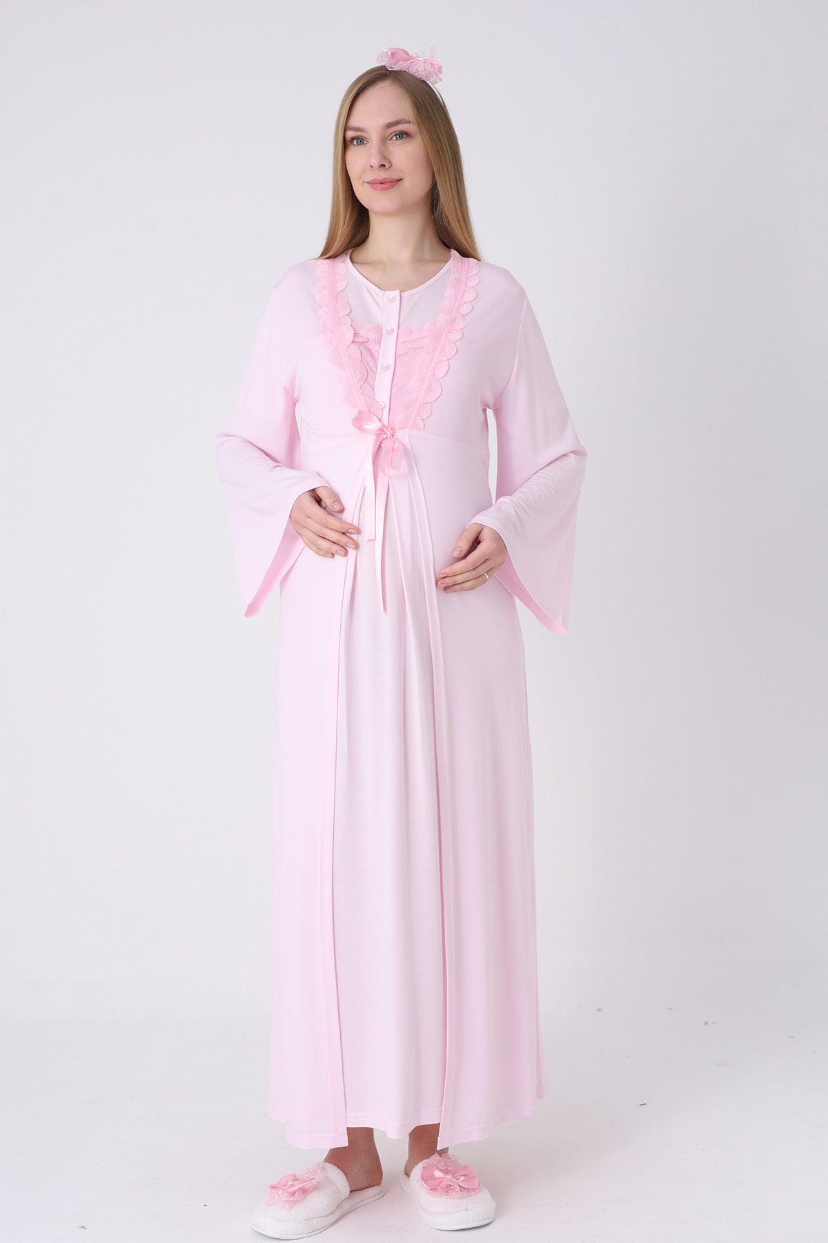 Floral Lace Collar Maternity-Nursing Nightgown & Robe Set Pink - 2324